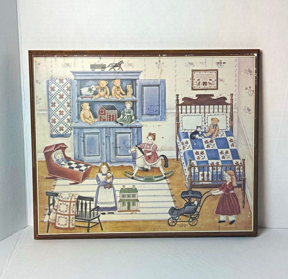 1985 Americana Art Nita Showers Framed Folk Art Print "Our Favorite Toys"11x13